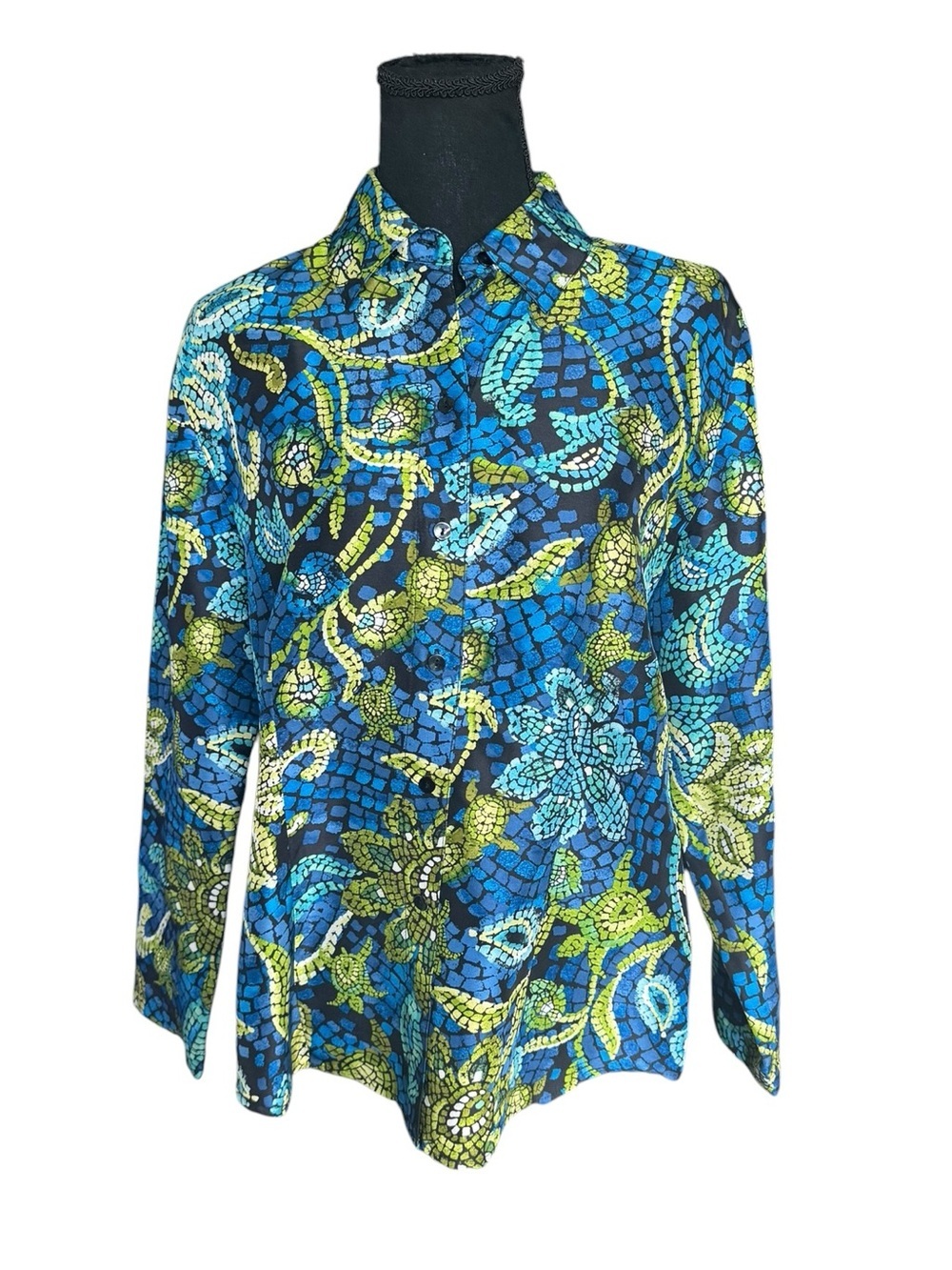 Chico’s 100% Silk Mosaic Print Button Front Blouse Size 1 Blue Green Artwear Top